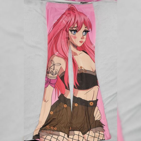 Shein Women's Pink Anime Girl Print Flared Leggings High Waist Size Medium NWT - Picture 2 of 9